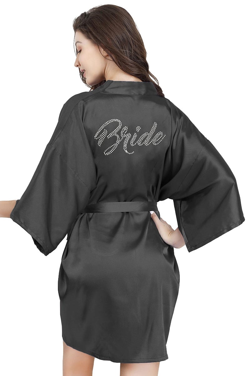 EPLAZA Women's One Size Silver Rhinestones Bride Bridesmaid Short Satin Robes for Wedding Party Getting Ready (Black, Bride) - Image 2